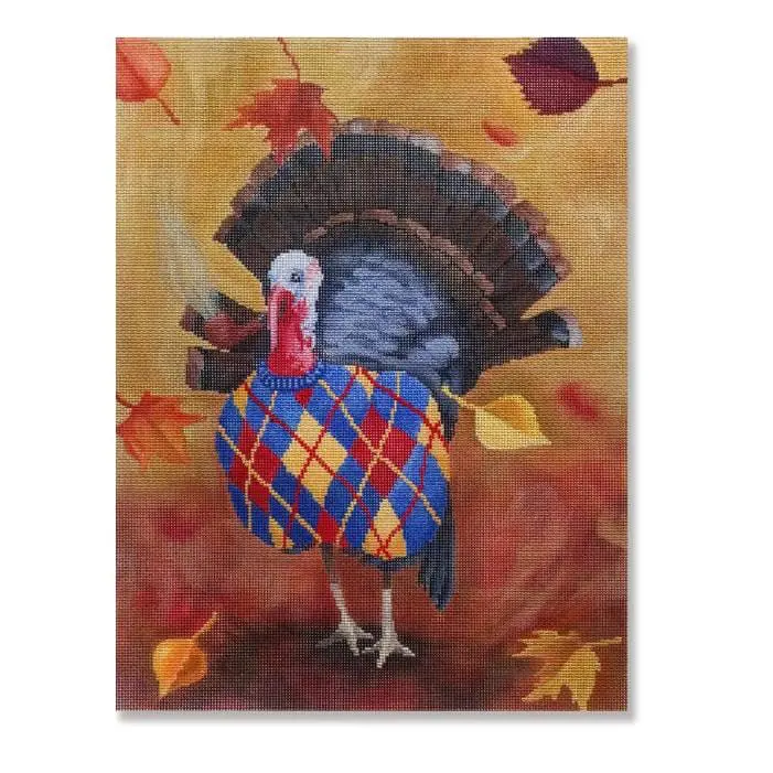A painting of a turkey dressed in plaid by Cecilia Ohm.