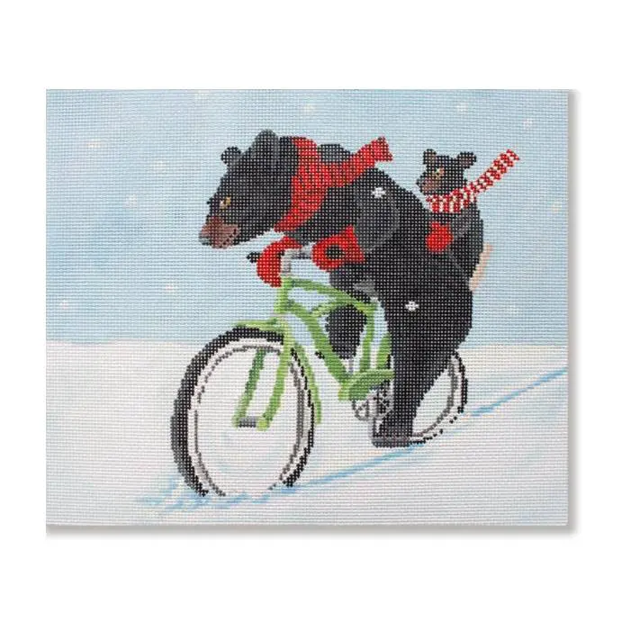 A painting by Cecilia Ohm Eriksen of two bears riding a bicycle in the snow.