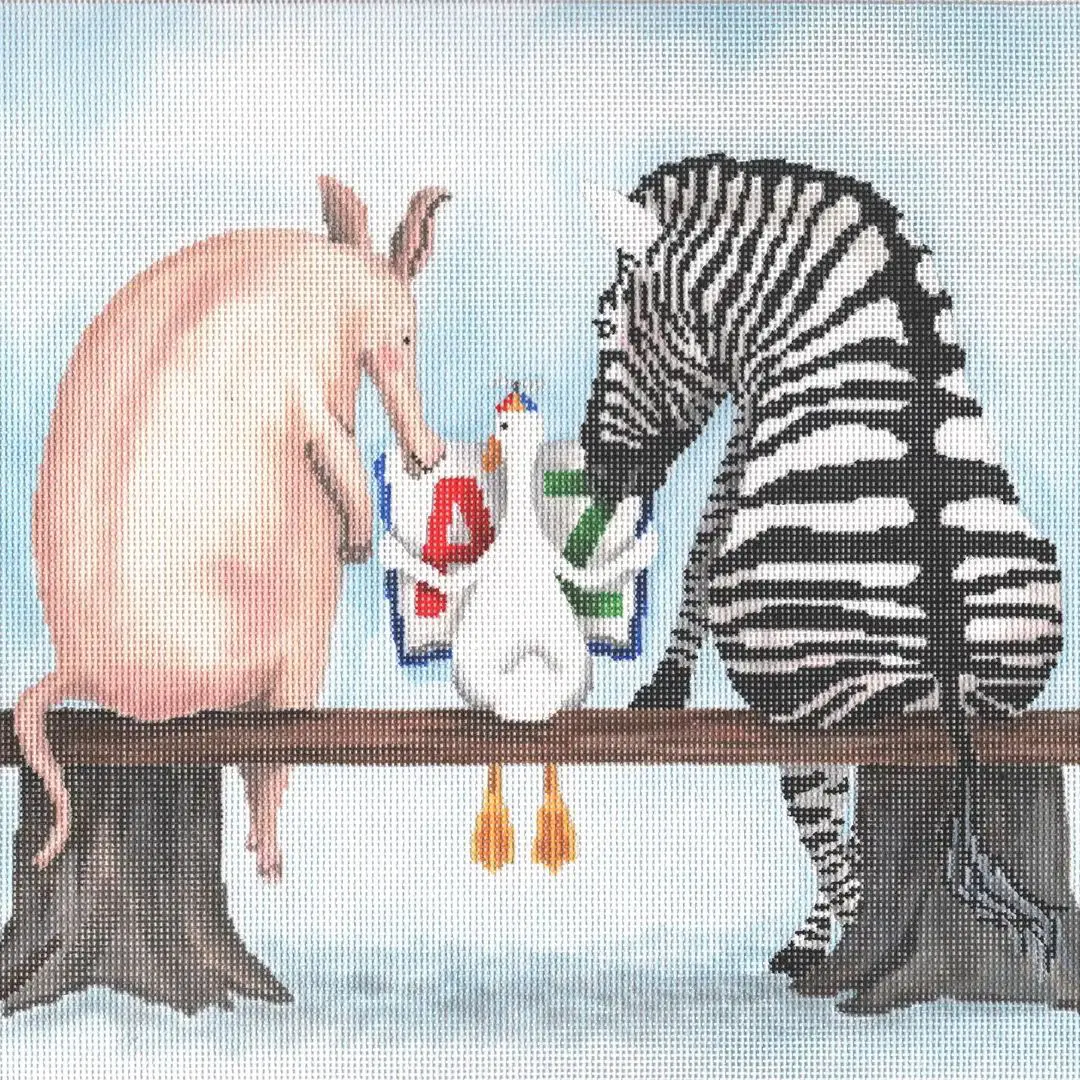 A painting by Cecilia Ohm Eriksen featuring a zebra, a duck, and a goose sitting on a bench.