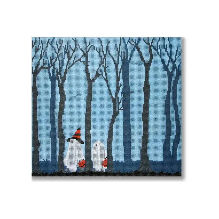 A painting by Cecilia Ohm Eriksen of two ghosts in the woods.