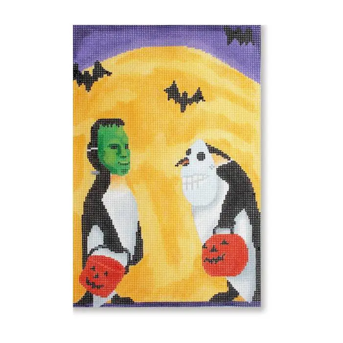 A captivating painting by Cecilia Ohm Eriksen featuring a penguin and a Frankenstein-inspired penguin.