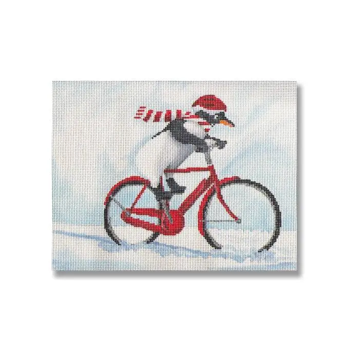 An enchanting painting by Cecilia Ohm Eriksen featuring a playful penguin cycling through a snowy wonderland.