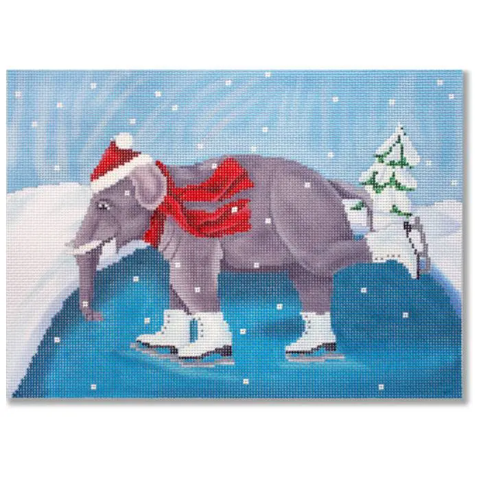 A painting by Cecilia Ohm Eriksen of an elephant ice skating with santa hat on.