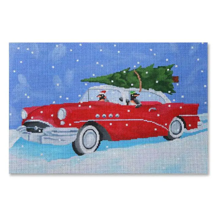 A painting by Cecilia Ohm Eriksen featuring a red car with a Christmas tree on top.