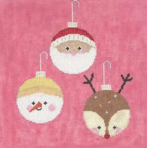 Three christmas ornaments with santa and reindeer on a pink background.