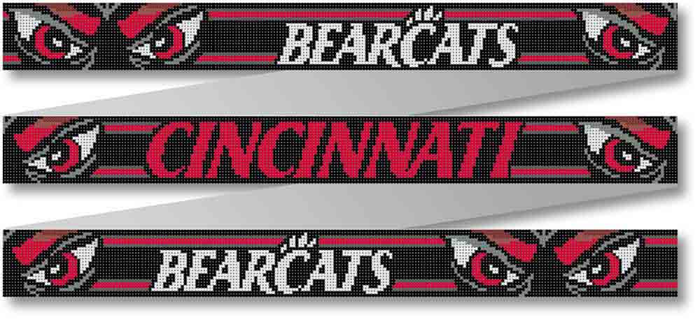 The cincinnati bearcats logo is shown on a red and black scarf.