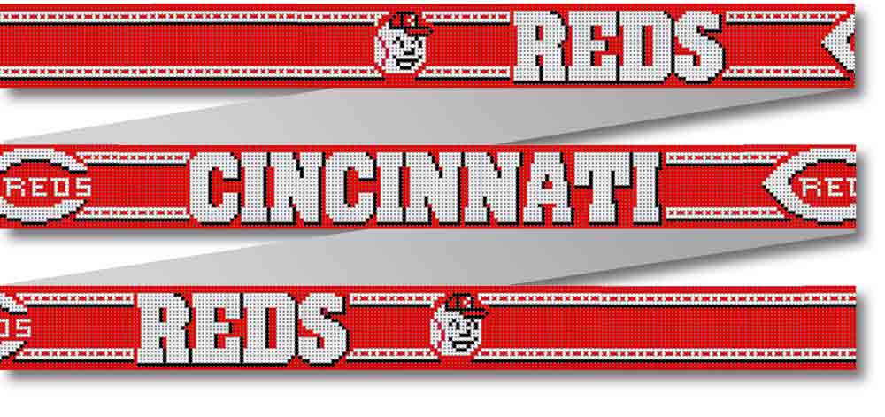 Three scarves with the words Cincinnati Reds on them are available for purchase.