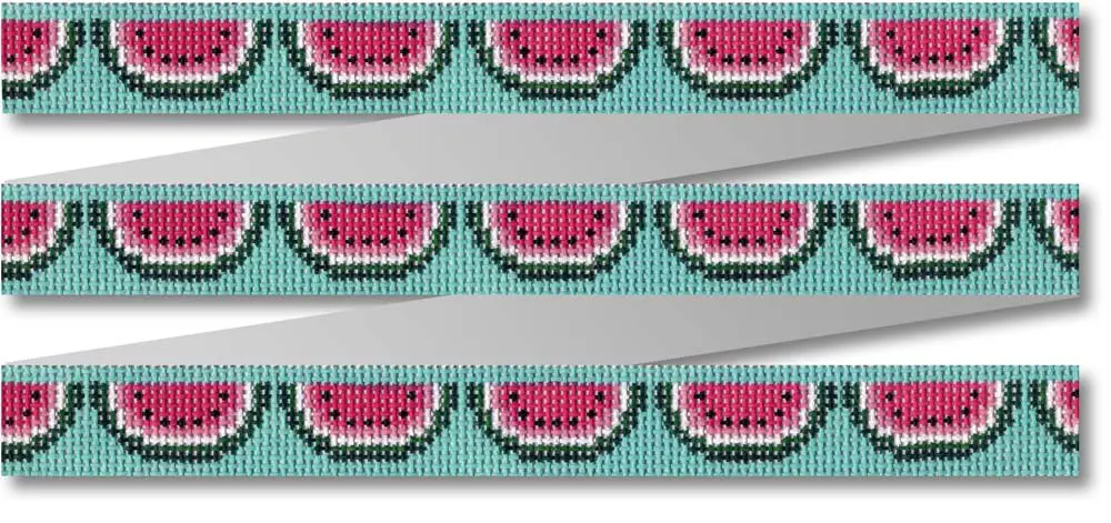 A blue and pink striped dog collar with a watermelon pattern.