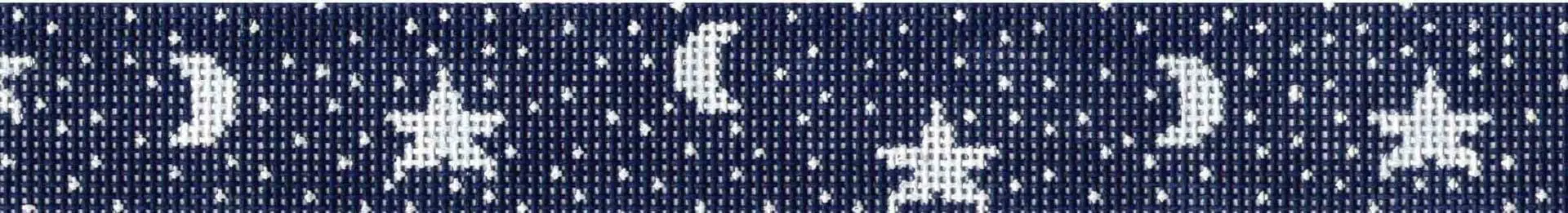 A blue and white ikat fabric with white dots.