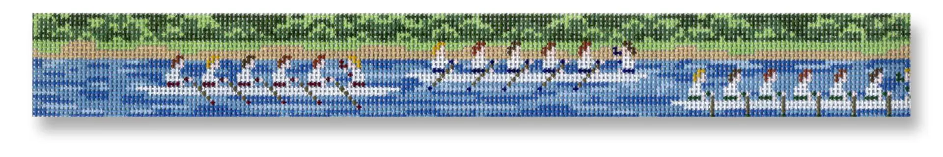 A cross stitch picture of boats on the water.