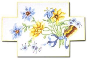 A cross stitch pattern with flowers and blue ribbons.