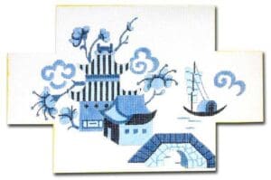 A blue and white cross stitch pattern with a boat and chinese buildings.