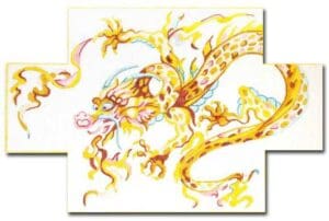 A drawing of a yellow dragon on a white background.
