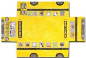 A yellow rug with a school bus on it.
