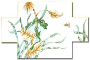 A painting of a frog in the grass.