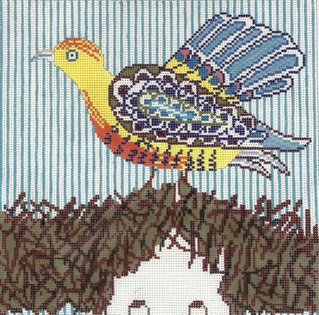A cross stitch picture of a bird on top of a nest.