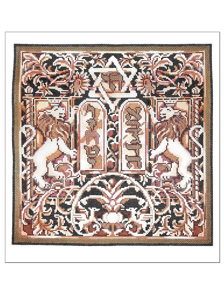A jewish wall hanging with a lion and a star.