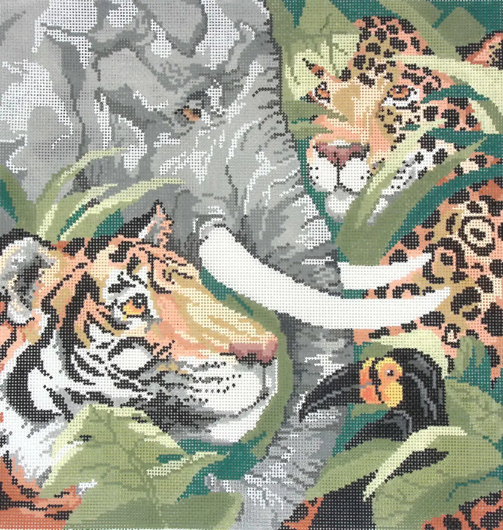 A picture of a tiger, elephant and toucan in the jungle.