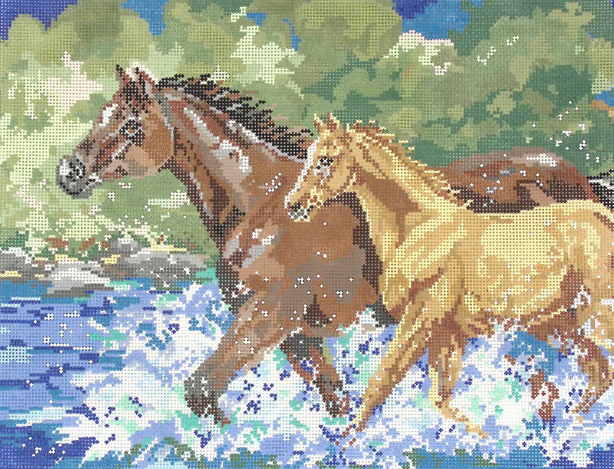 A cross stitch picture of two horses running in the water.