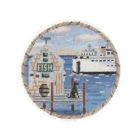 A cross stitch picture of a boat and a dock.