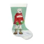 A christmas stocking with a polar bear holding a cup of coffee.