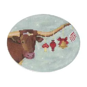 A cross stitch pattern of a cow with ornaments on it.
