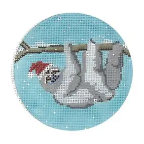 A cross stitch picture of a sloth hanging on a branch.