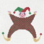 A cross stitch picture of a jolly elf.