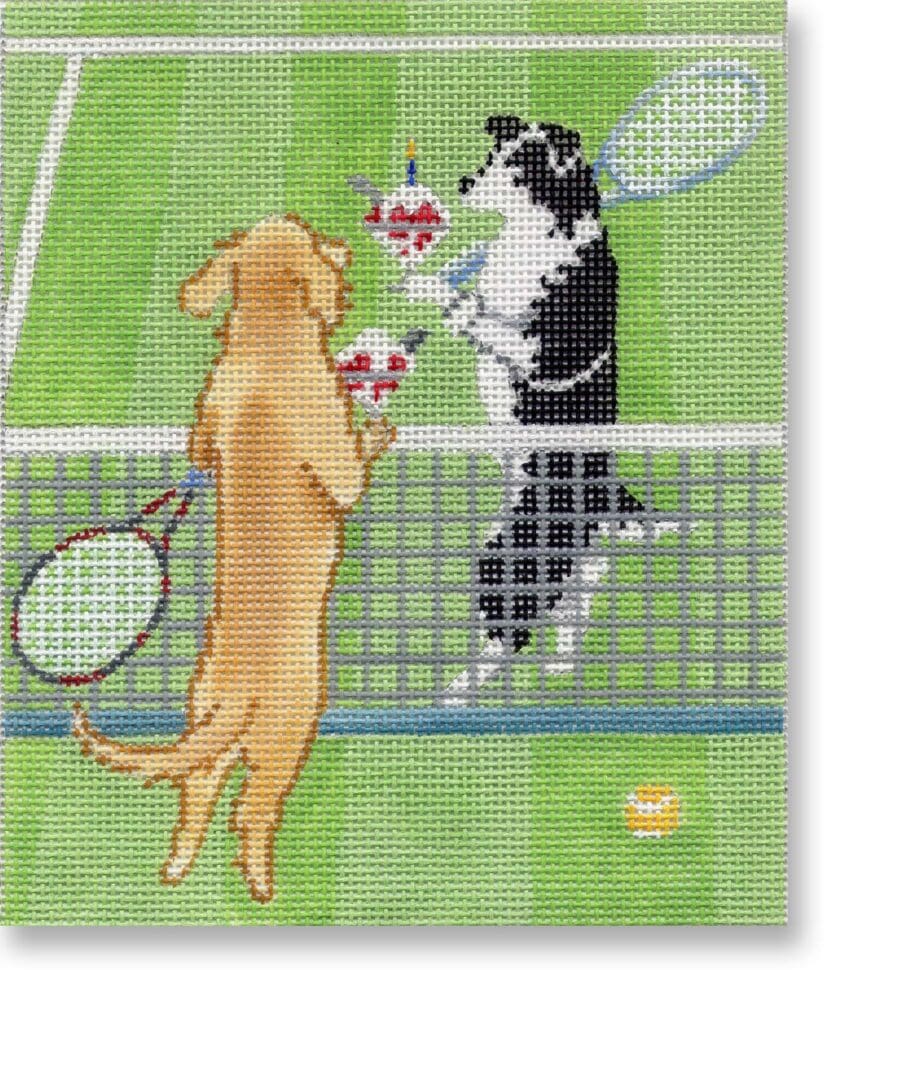 A cross stitch picture of two dogs playing tennis on a tennis court.
