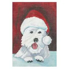 A white dog wearing a santa hat on a red background.