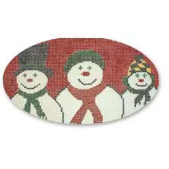 A cross stitch picture of snowmen on a red background.
