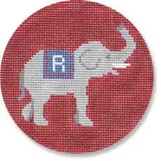 A cross stitch pattern with an elephant on a red background.