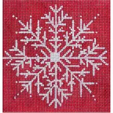 A cross stitch snowflake on a red background.
