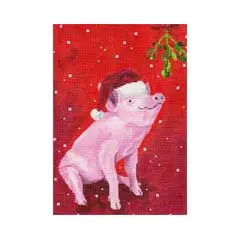 A pig wearing a santa hat on a red background.