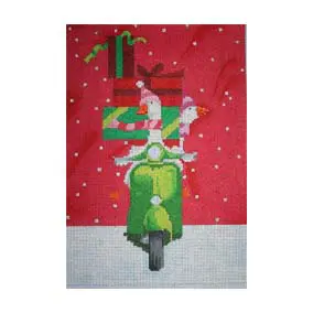 A cross stitch picture of a green scooter with presents on it.