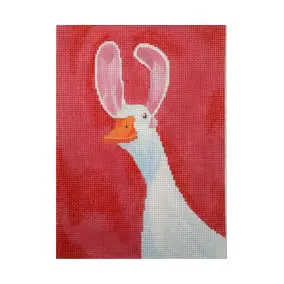 A cross stitch picture of a goose on a red background.