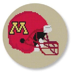 Cross-stitched red football helmet with yellow M