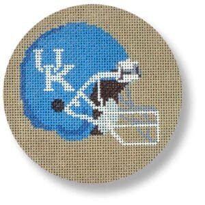 Cross-stitched blue football helmet with white K